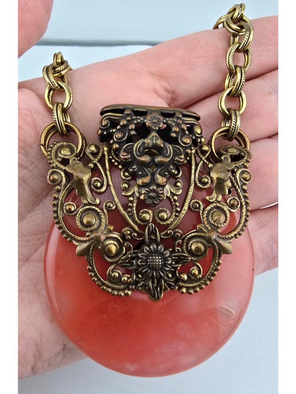 Vintage Jan Michaels Brass Necklace With Pink Resin Pendant & Filigree